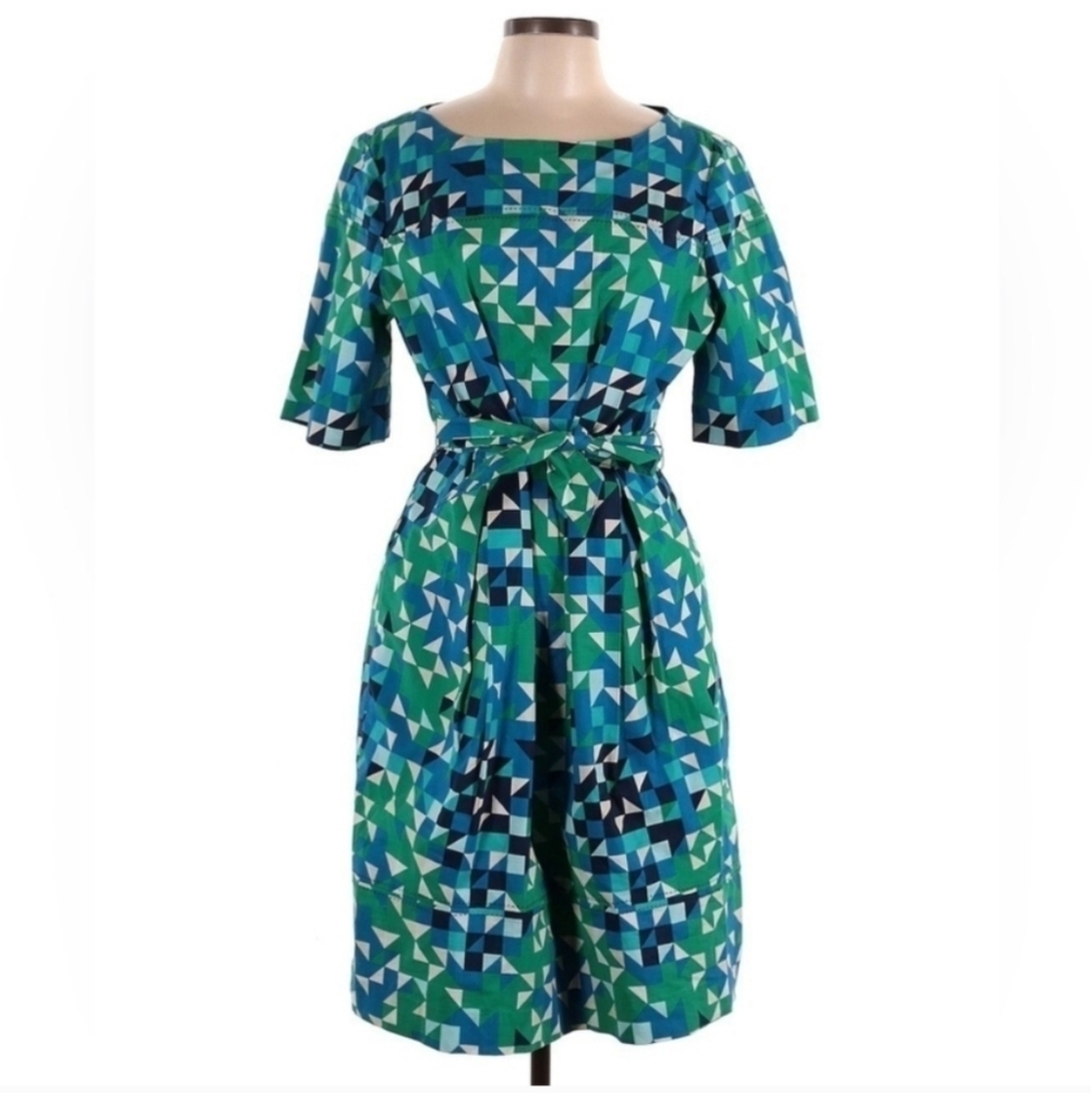 Tory Burch Green Dress Geometric Sheath Belt Pockets Sleeves Size 10
